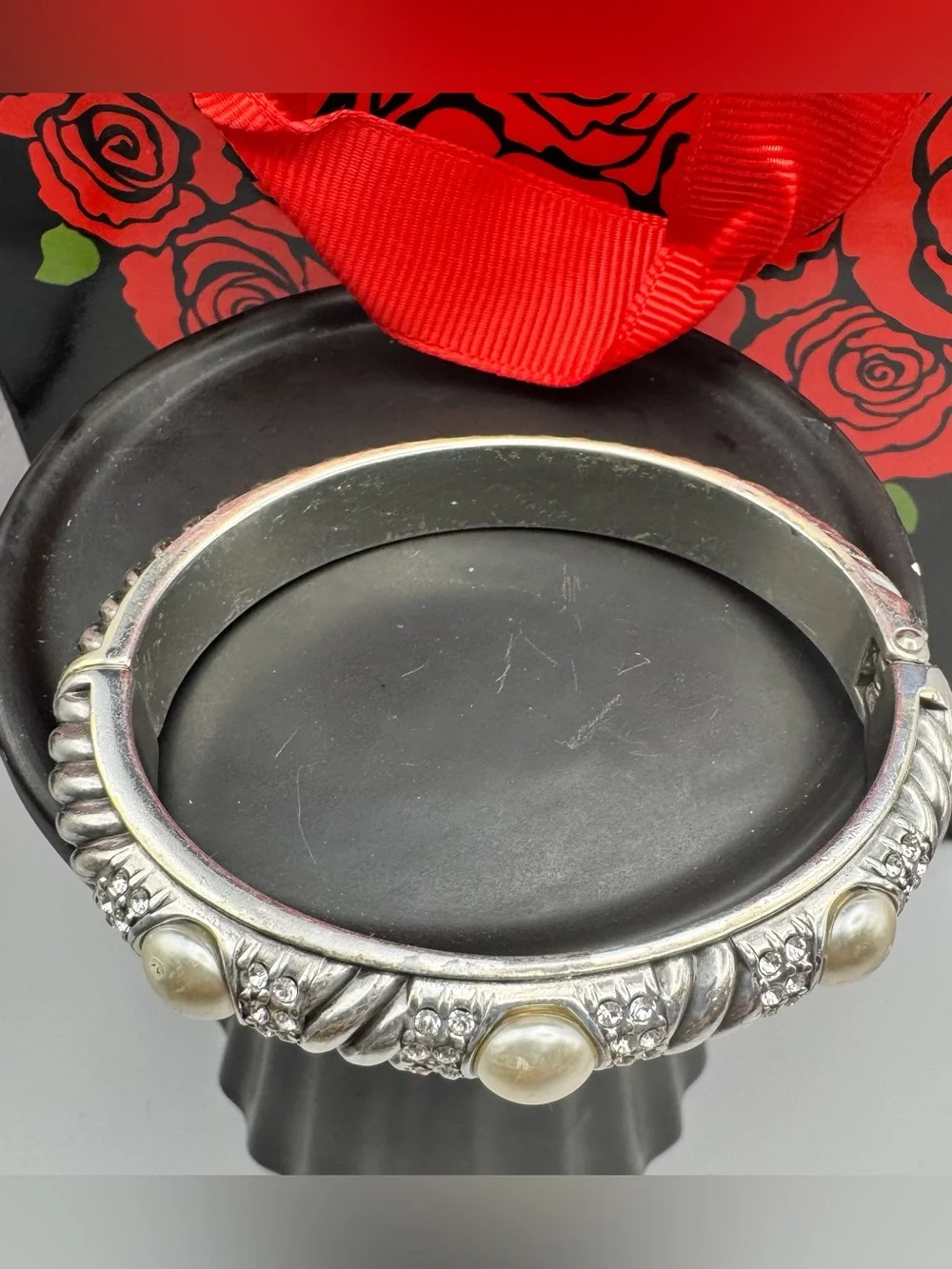 Brighton Silver-Tone Bangle Bracelet with Pearl & Crystal Accents - vintage